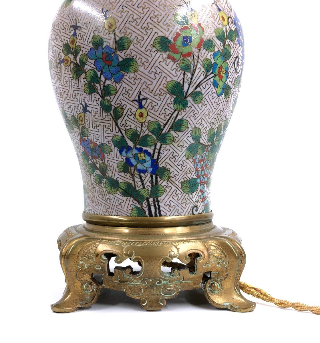 Pied De Lampe Vase Balustre Cloisonn&eacute; Chine Monture Bronze-photo-4