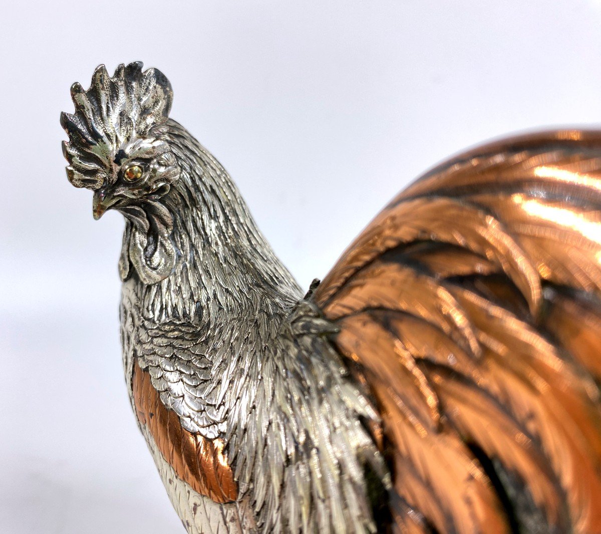 Japanese Silver Okimono Model Of A Rooster Meiji Period-photo-2