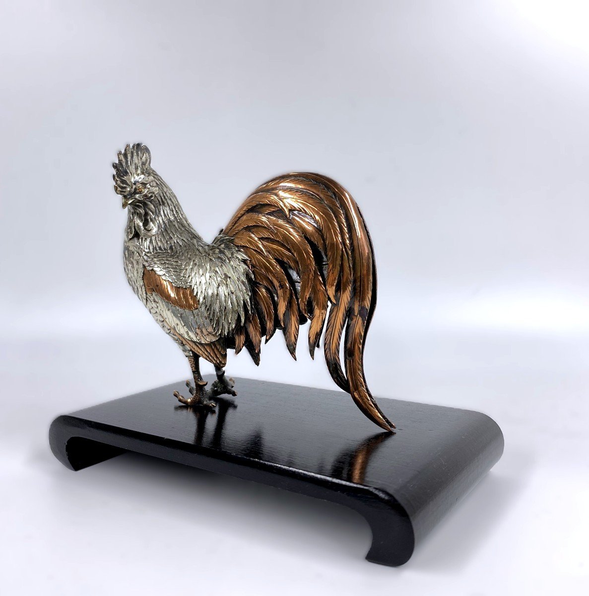 Japanese Silver Okimono Model Of A Rooster Meiji Period-photo-3