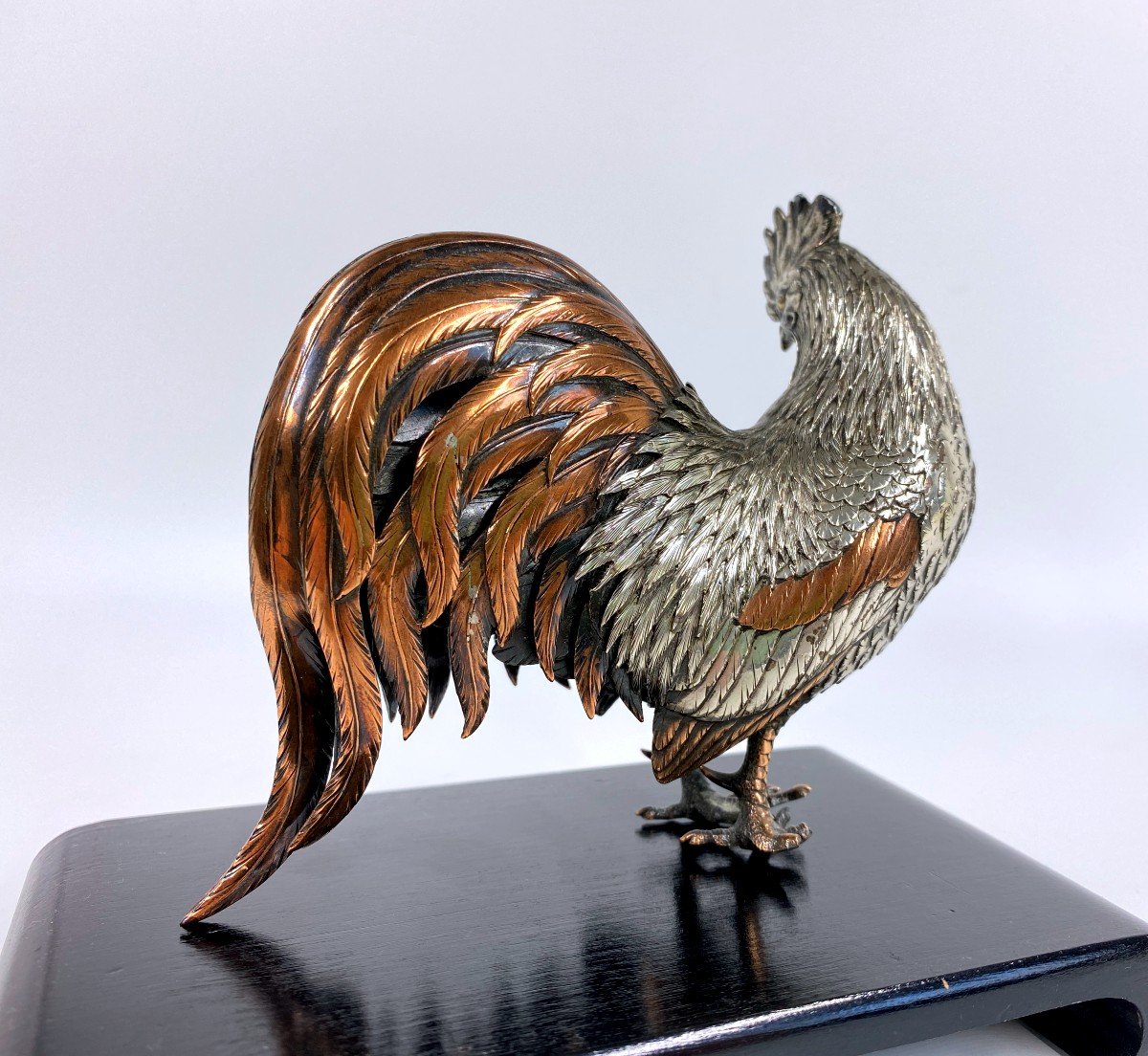 Japanese Silver Okimono Model Of A Rooster Meiji Period-photo-1