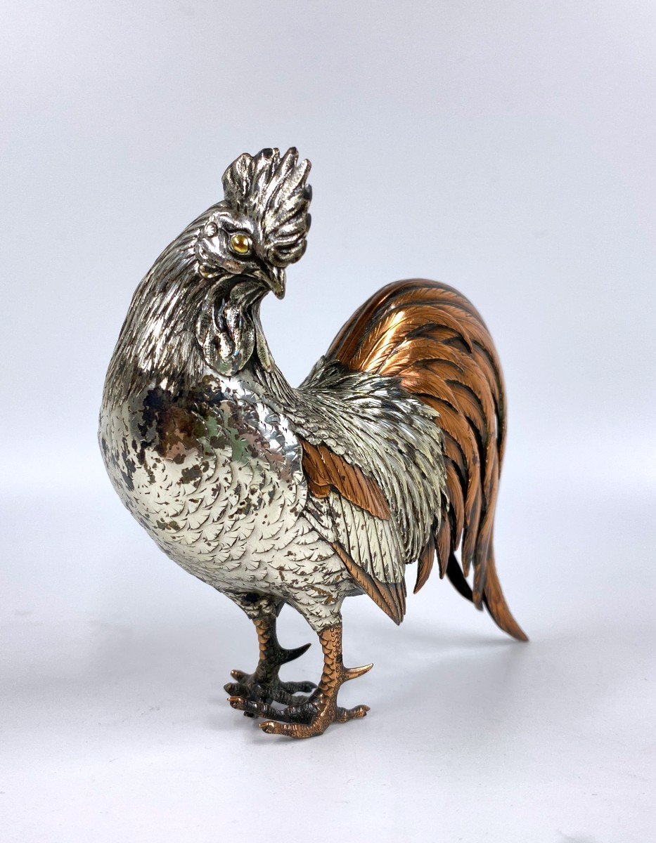 Japanese Silver Okimono Model Of A Rooster Meiji Period-photo-2