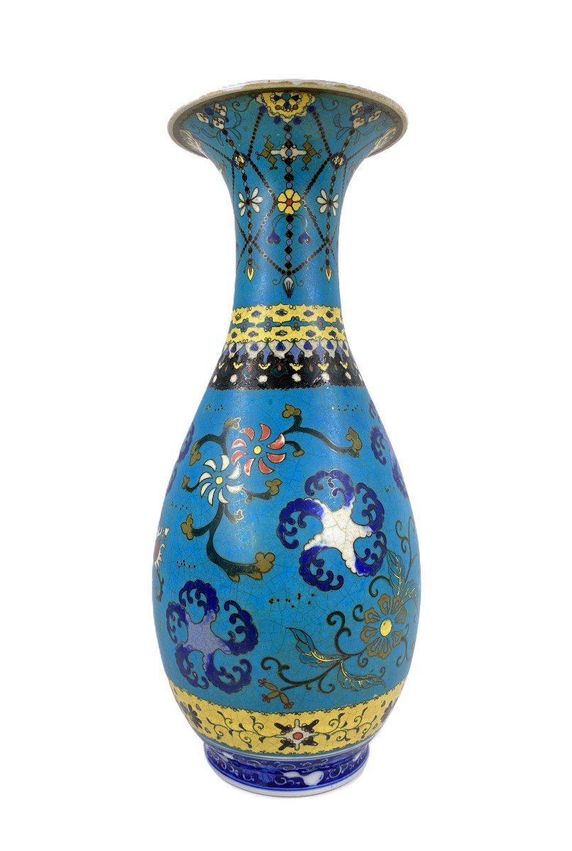 Grand Vase Cloisonné Sur Porcelaine Totail Shippo Par Takeuchi Chubei Japon Periode Meiji-photo-2