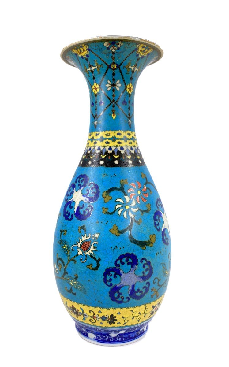 Grand Vase Cloisonné Sur Porcelaine Totail Shippo Par Takeuchi Chubei Japon Periode Meiji-photo-5