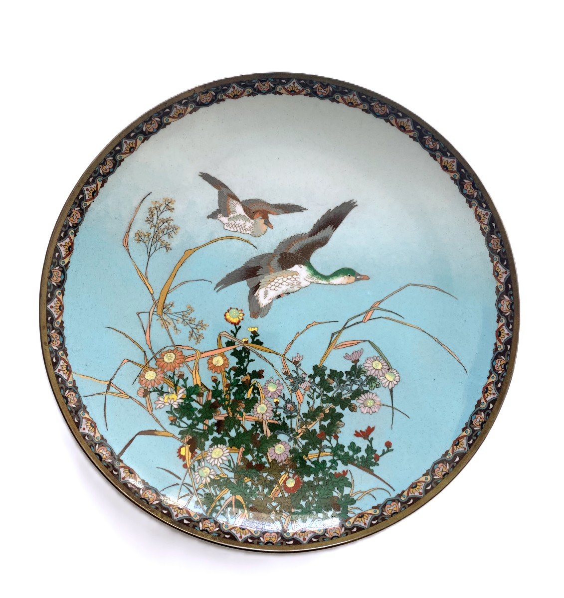 Rare Japanese Meiji Cloisonne Dish Decorated With Ducks / Gooses