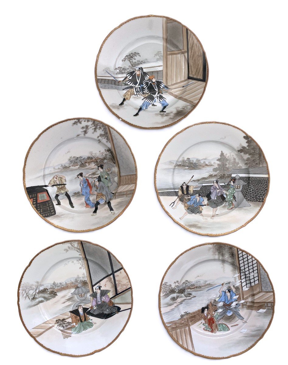 Suite Of Nine Japanese Kutani Chushingura Plates Dishes-photo-2