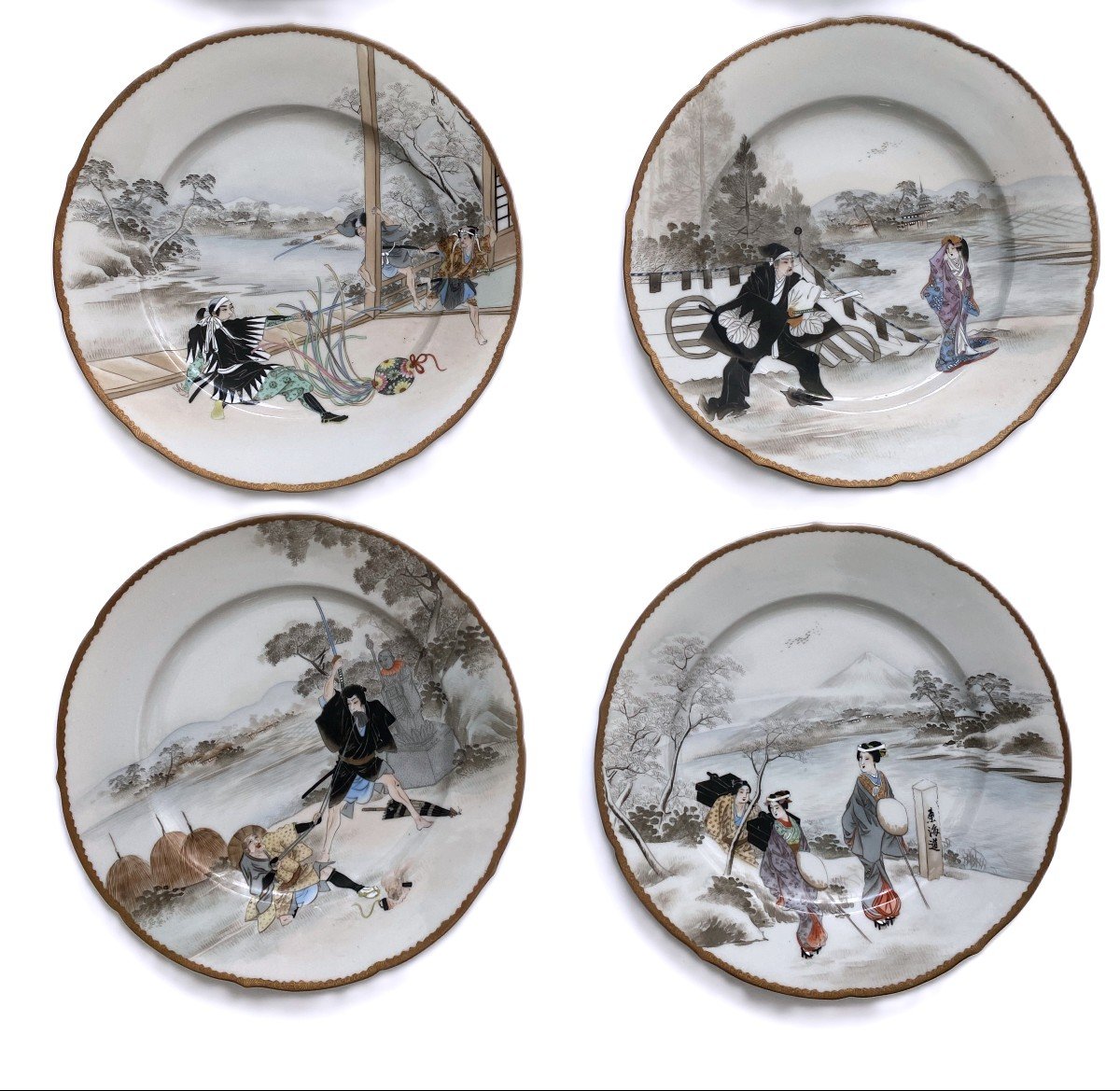 Suite Of Nine Japanese Kutani Chushingura Plates Dishes-photo-3