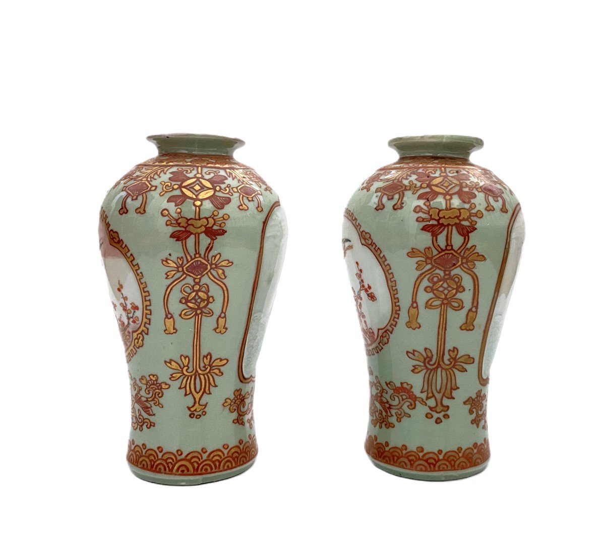 Pair Of Small Japanese Imari Celadon Green Vases-photo-2