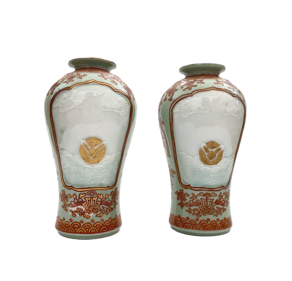 Pair Of Small Japanese Imari Celadon Green Vases-photo-3