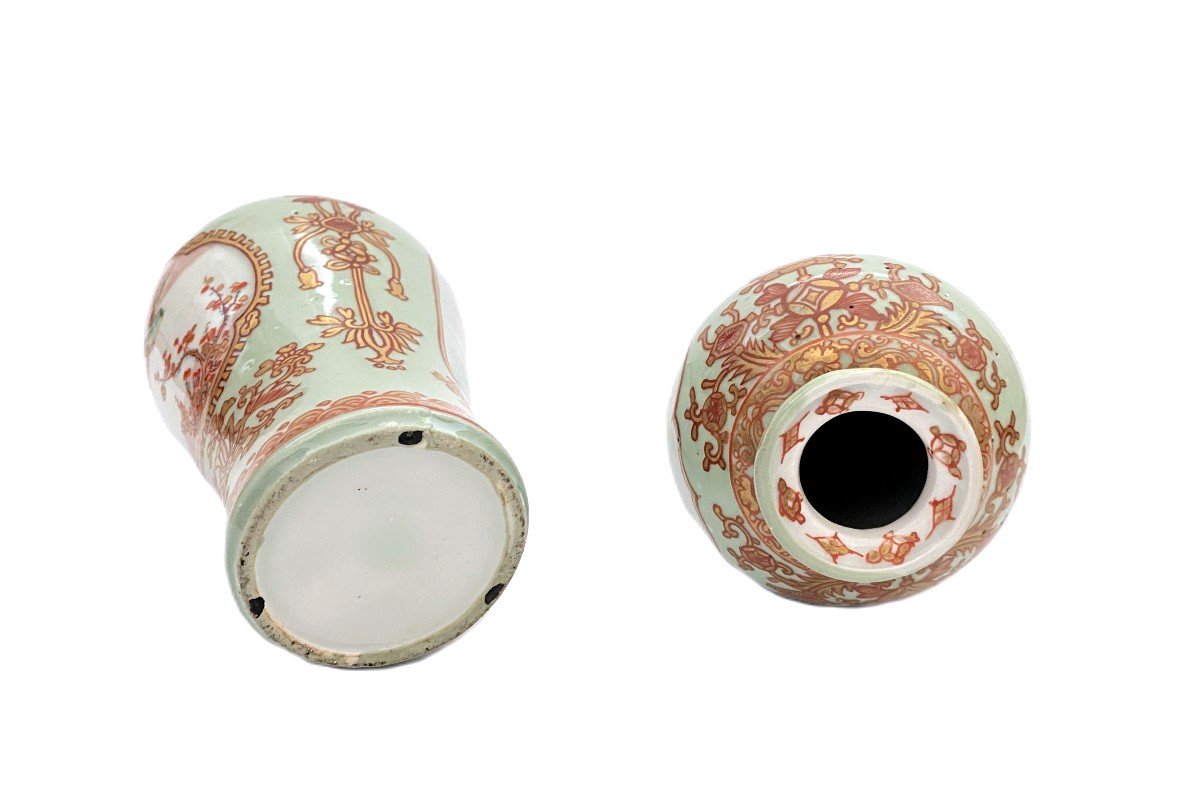 Pair Of Small Japanese Imari Celadon Green Vases-photo-3