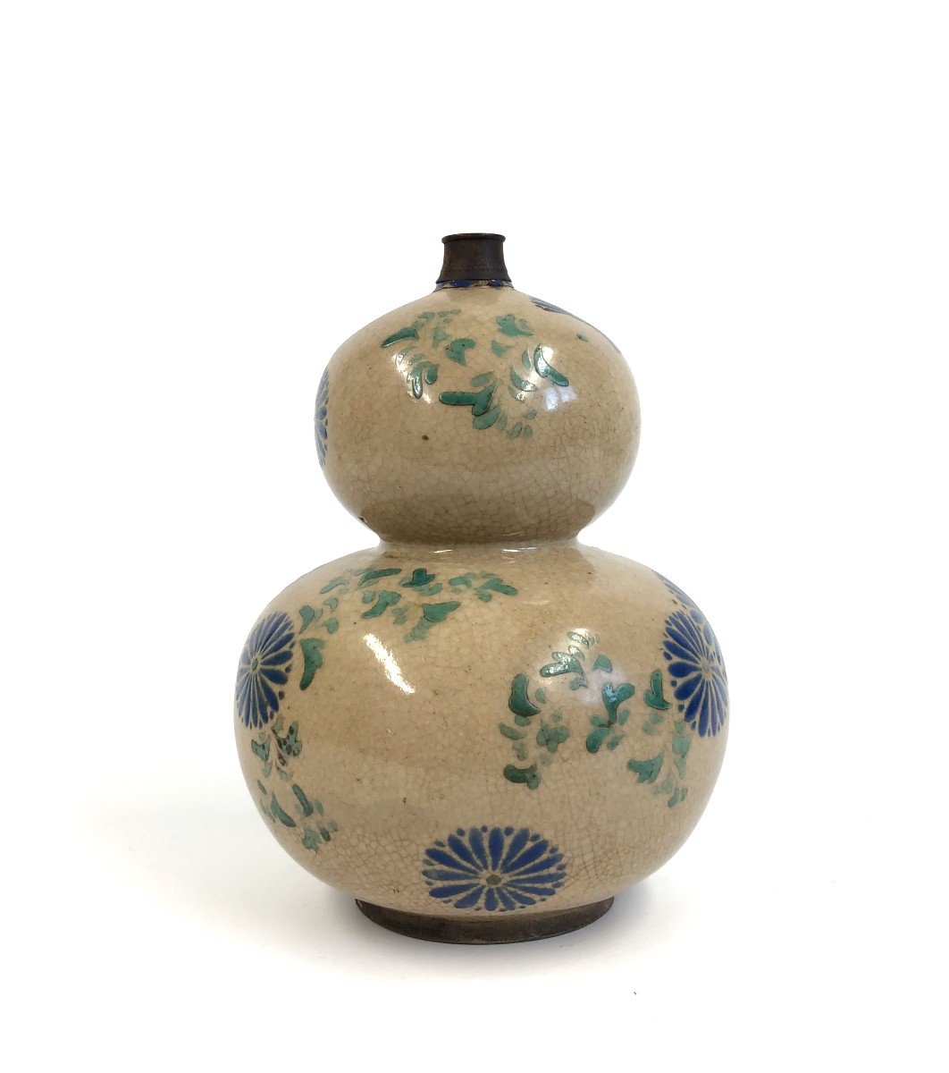 Sake Bottle Vase Double Gourd Stoneware Kyo Yaki Kiyomizu Japan Edo 18th C-photo-2