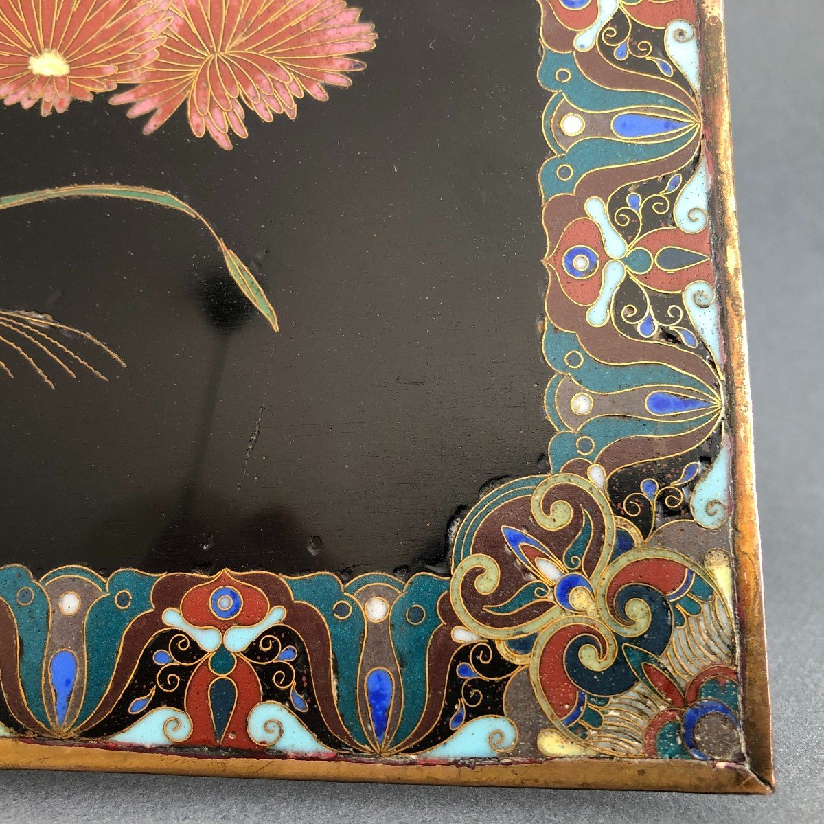 Antique 19th C Japanese Cloisonne Enamel Plaque Tray-photo-1