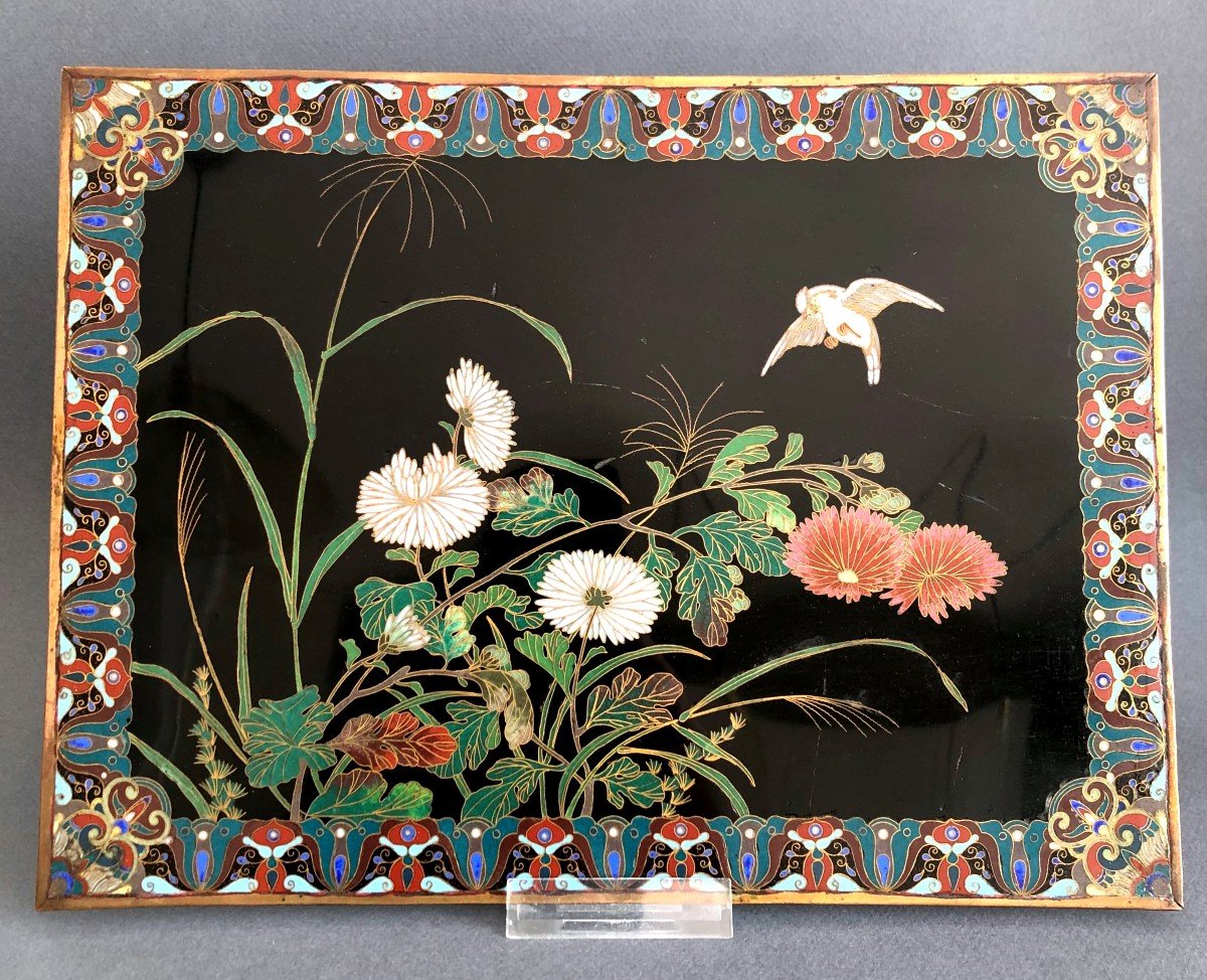 Antique 19th C Japanese Cloisonne Enamel Plaque Tray