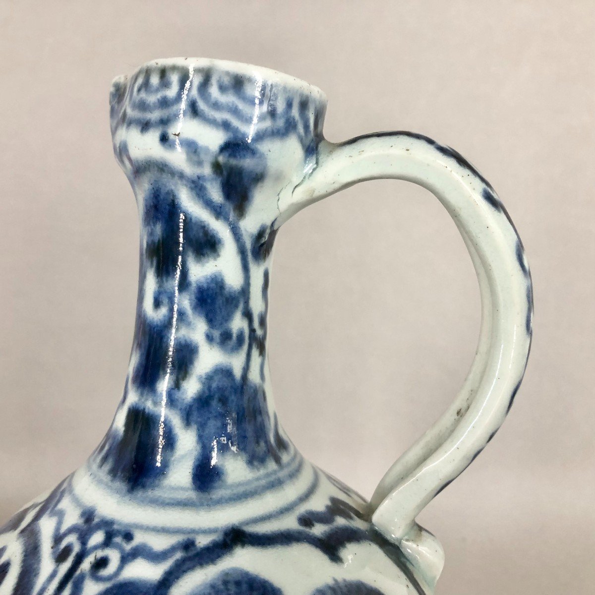 Antique 17th C Japanese Arita Blue And White Porcelain Ewer Jug-photo-3