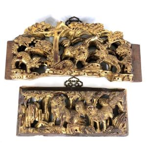 High-relief Carved Golden Wood Panels Chaozhou China Qilin