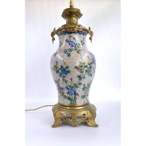 Chinese Cloisonne Baluster Vase Lamp Base Bronze Mount