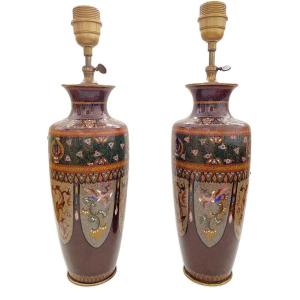 Paire De Vases Lampes En &eacute;maux Cloisonn&eacute;s Japon 
