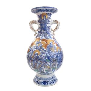 Japanese Porcelain Vase Seto Decorated By Rakans Meiji