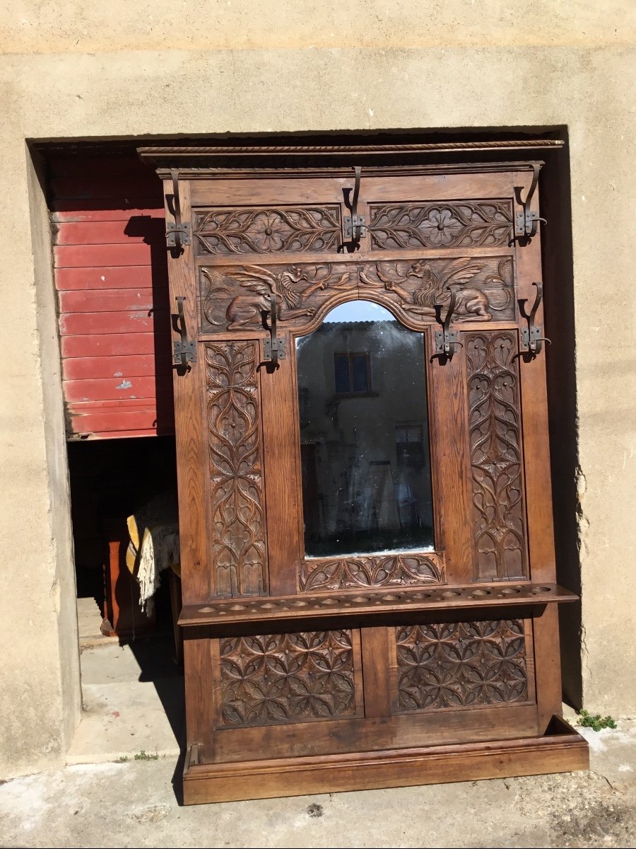 Porte  Manteau De Château Vestiaire, En Chêne , Néogothique D’époque 19emsiècle -photo-2