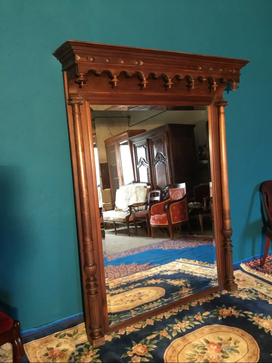 Large Column Mirror, In Walnut Napoleon III Period 19th Century -photo-3