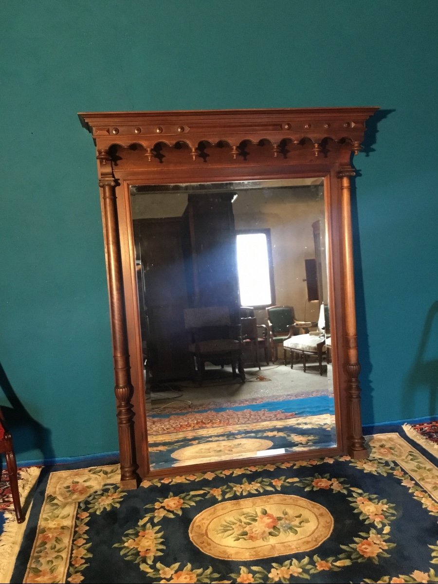 Large Column Mirror, In Walnut Napoleon III Period 19th Century -photo-4