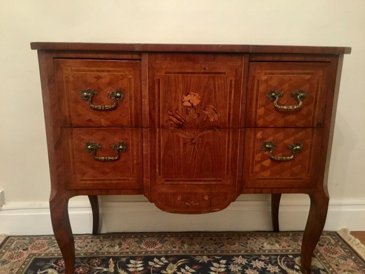 Commode,, Sauteuse Transition Louis XV, Louis XVI, En Marqueterie époque 19emsiècle -photo-3