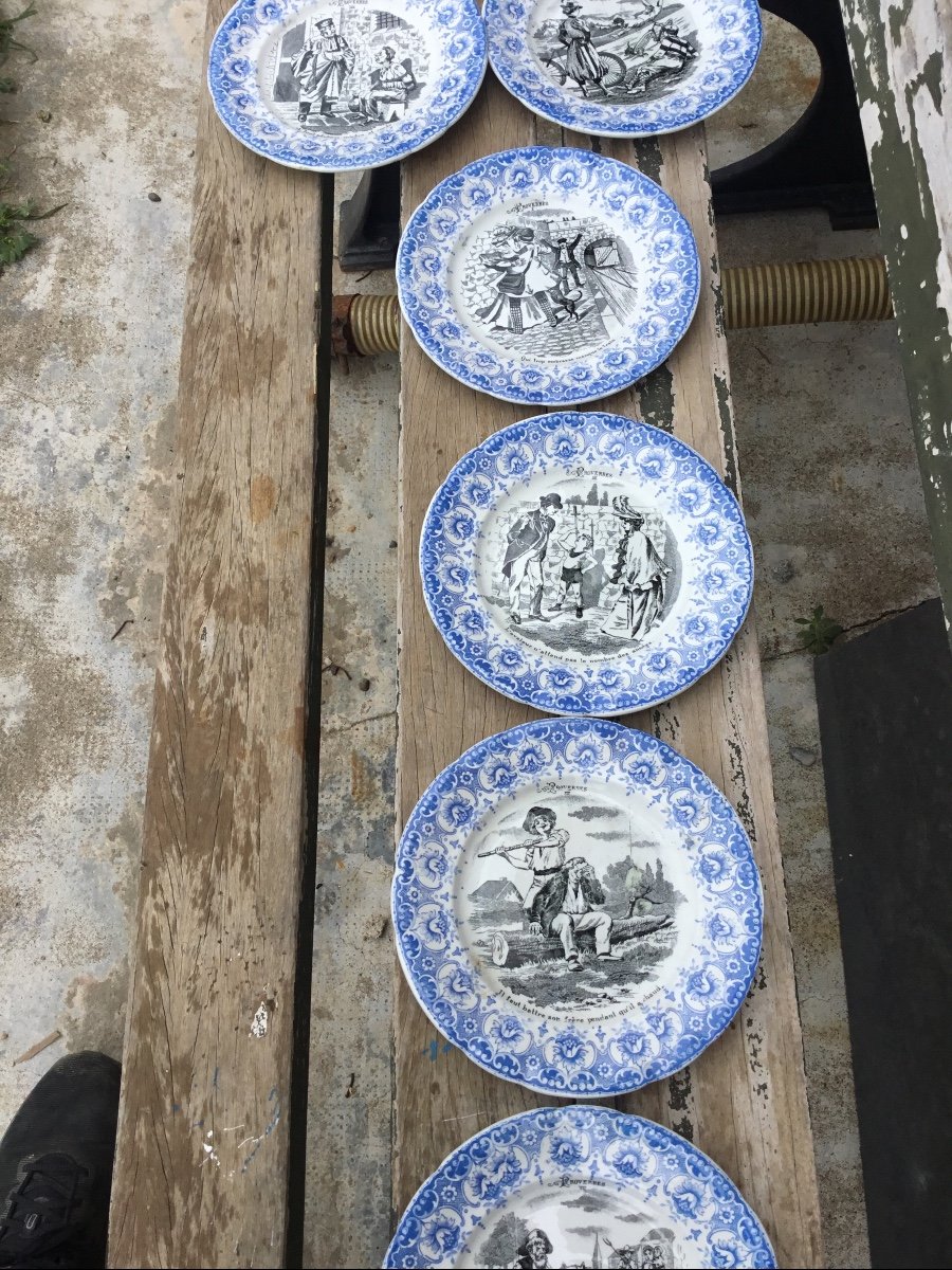 Set Of 11 Blue Plates, Proverb, Saint-amand, 19th Century -photo-4