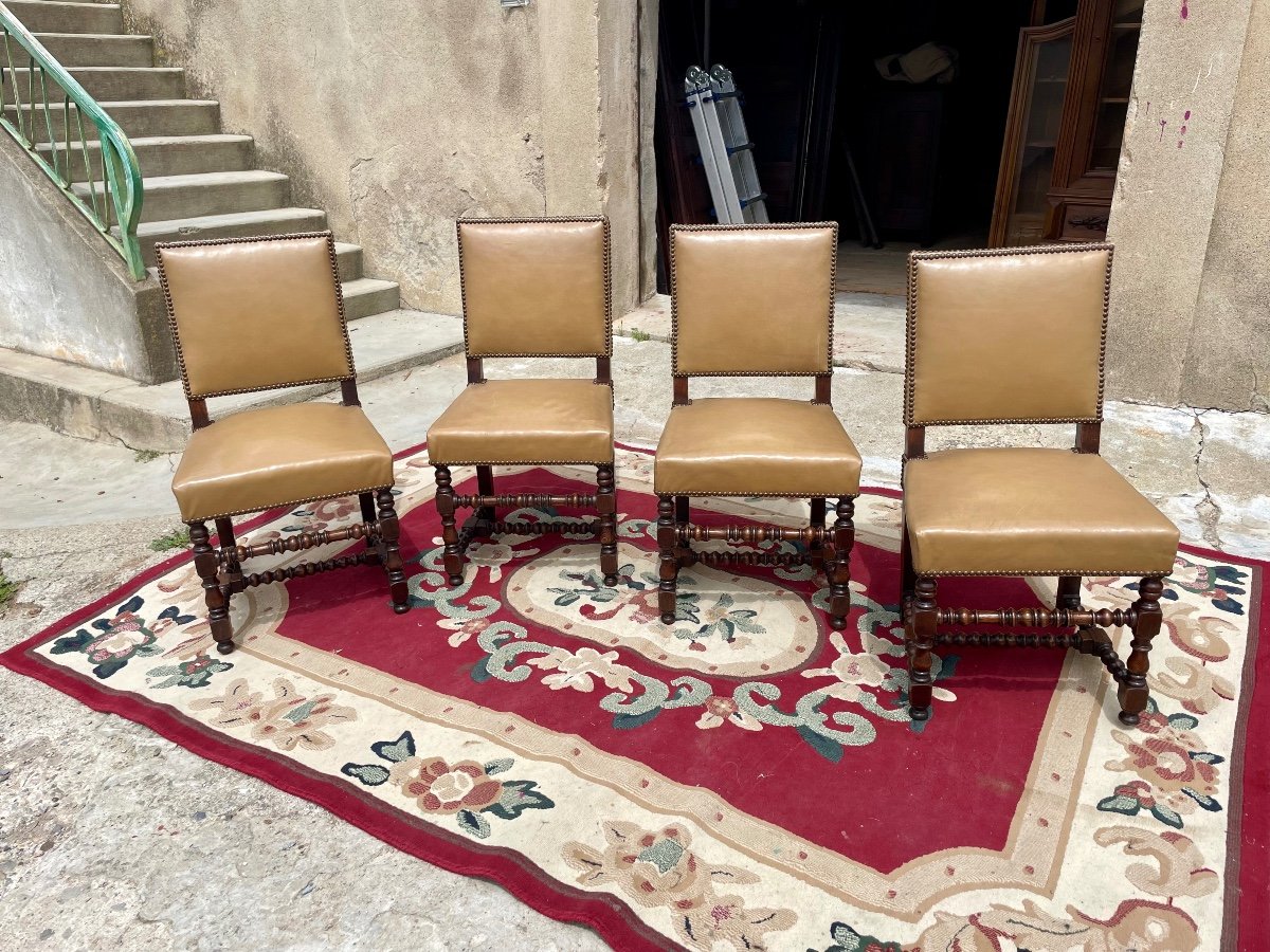Set Of Four Louis XIII Chairs In Drowned 19th Century-photo-4