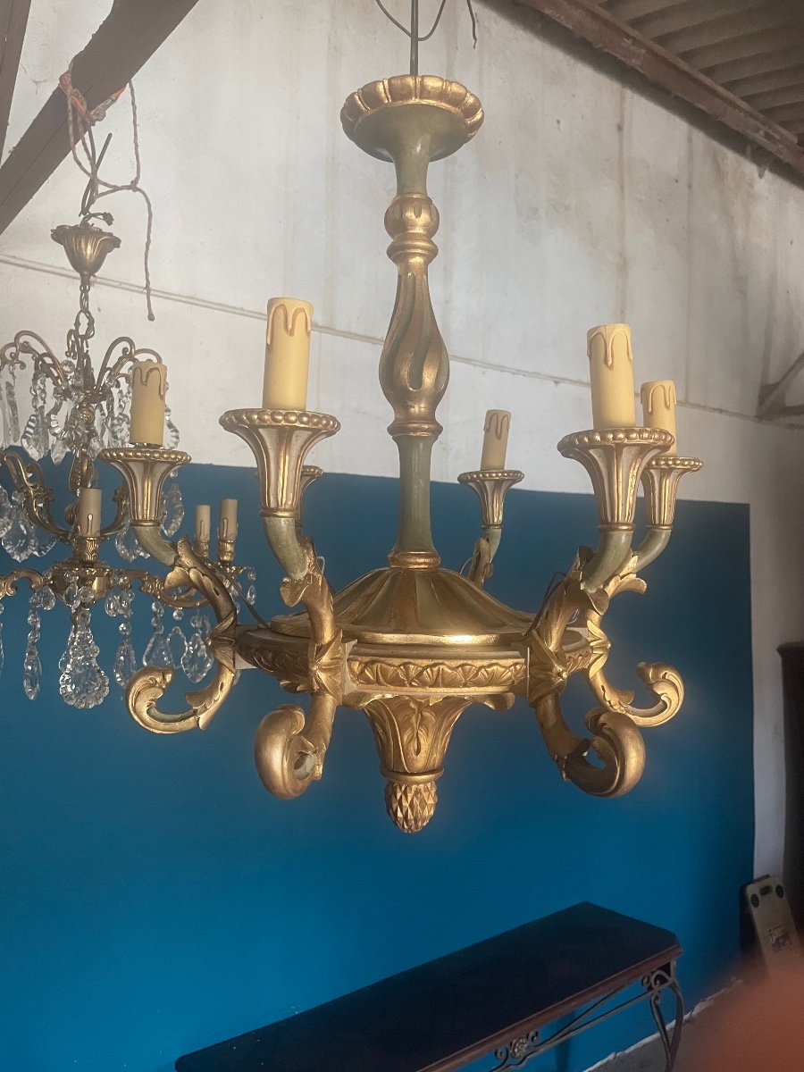 Louis XVI Style Carved Gilt Wooden Chandelier With Six Lights From The 19th Century -photo-2