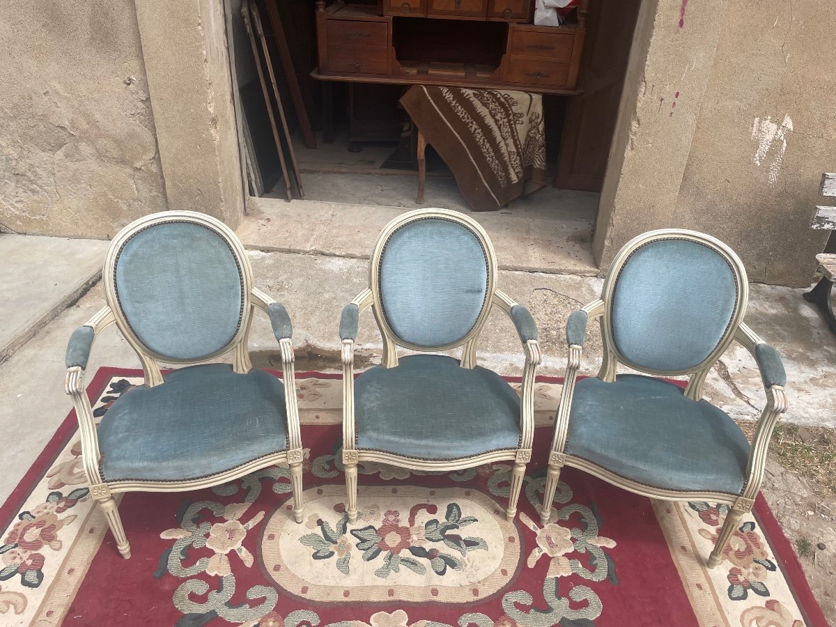 Suite Of Three Style Armchairs, Louis XVI Period, 1900-photo-2