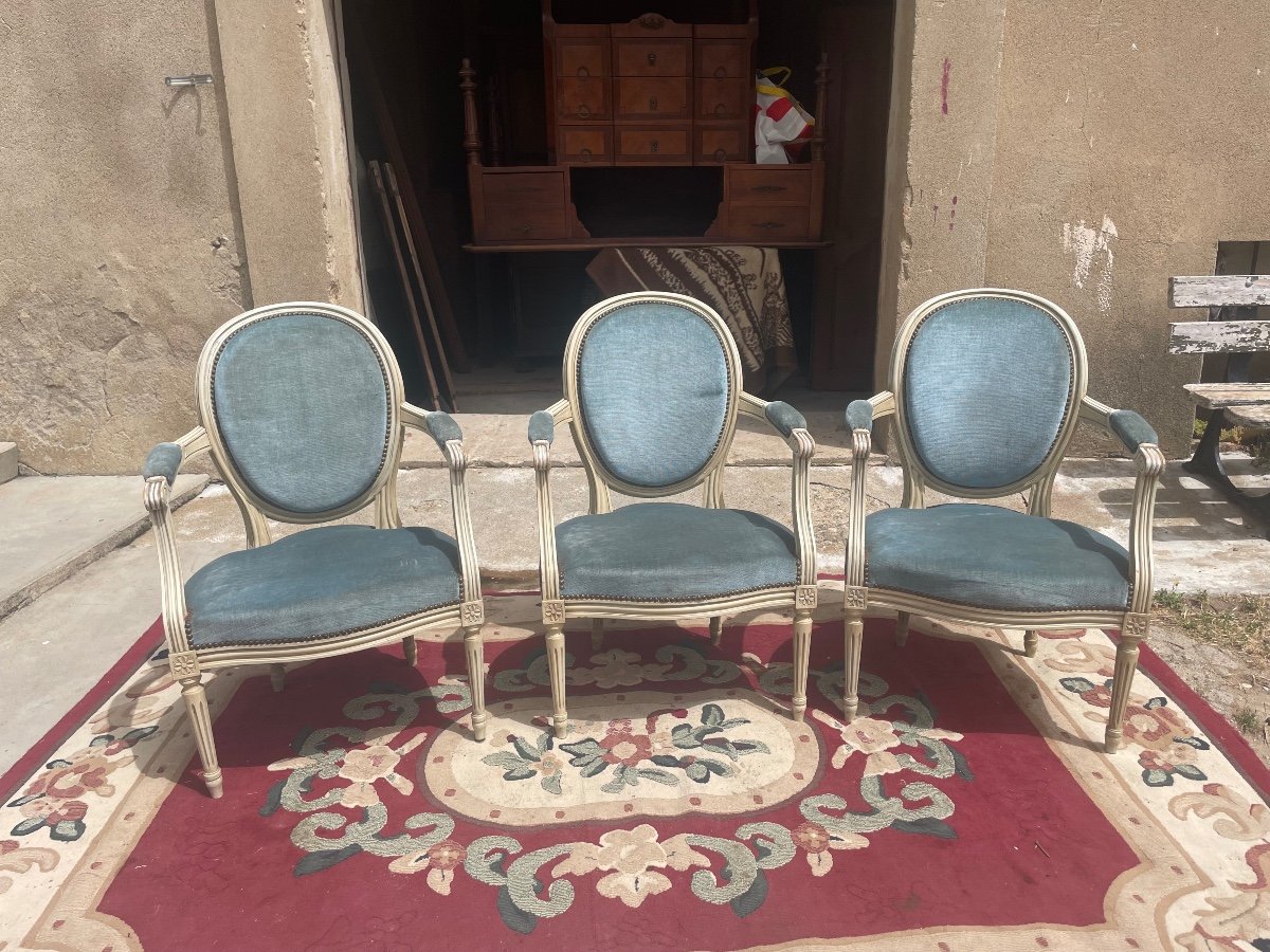 Suite Of Three Style Armchairs, Louis XVI Period, 1900-photo-3