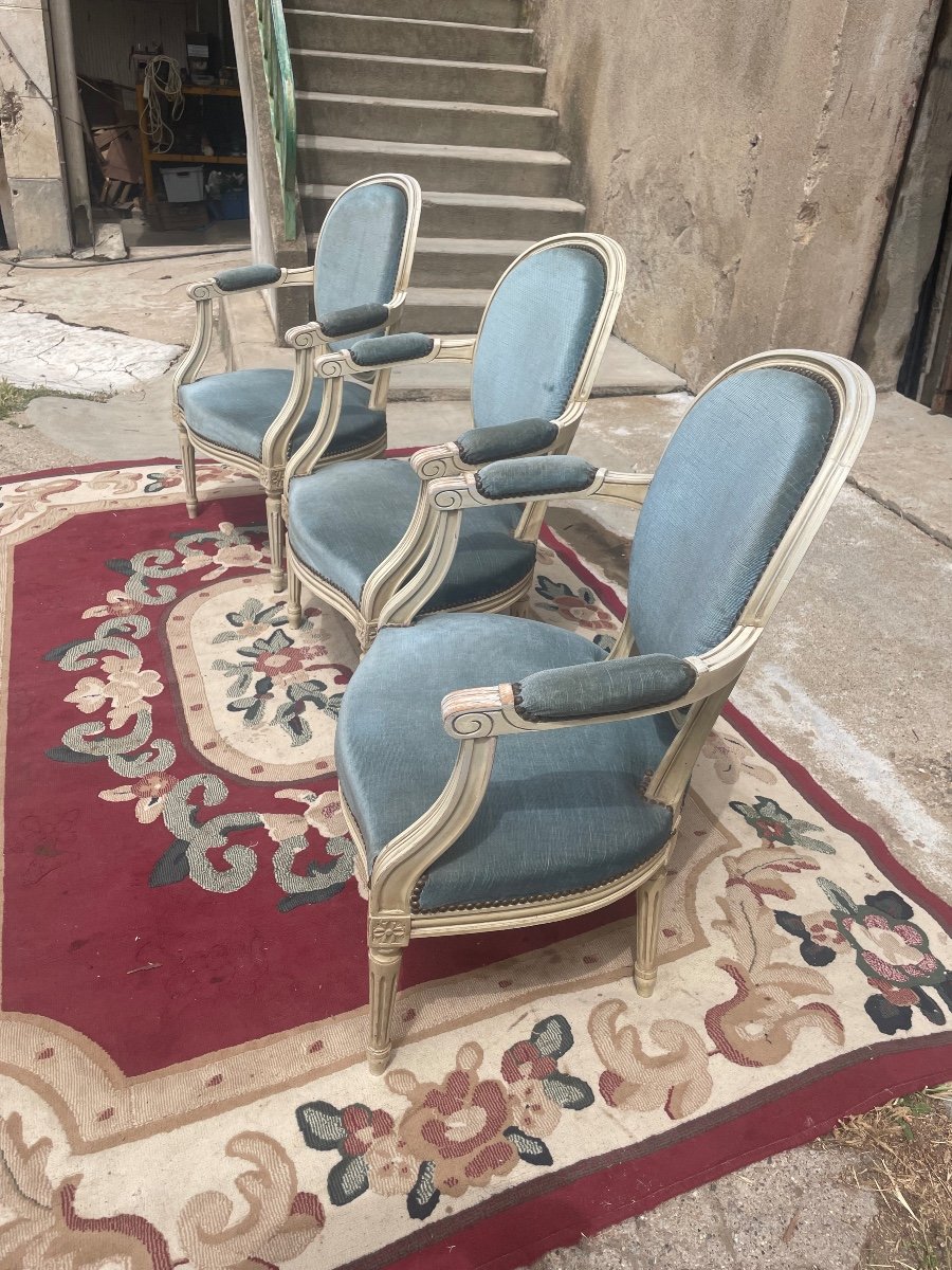 Suite Of Three Style Armchairs, Louis XVI Period, 1900-photo-4