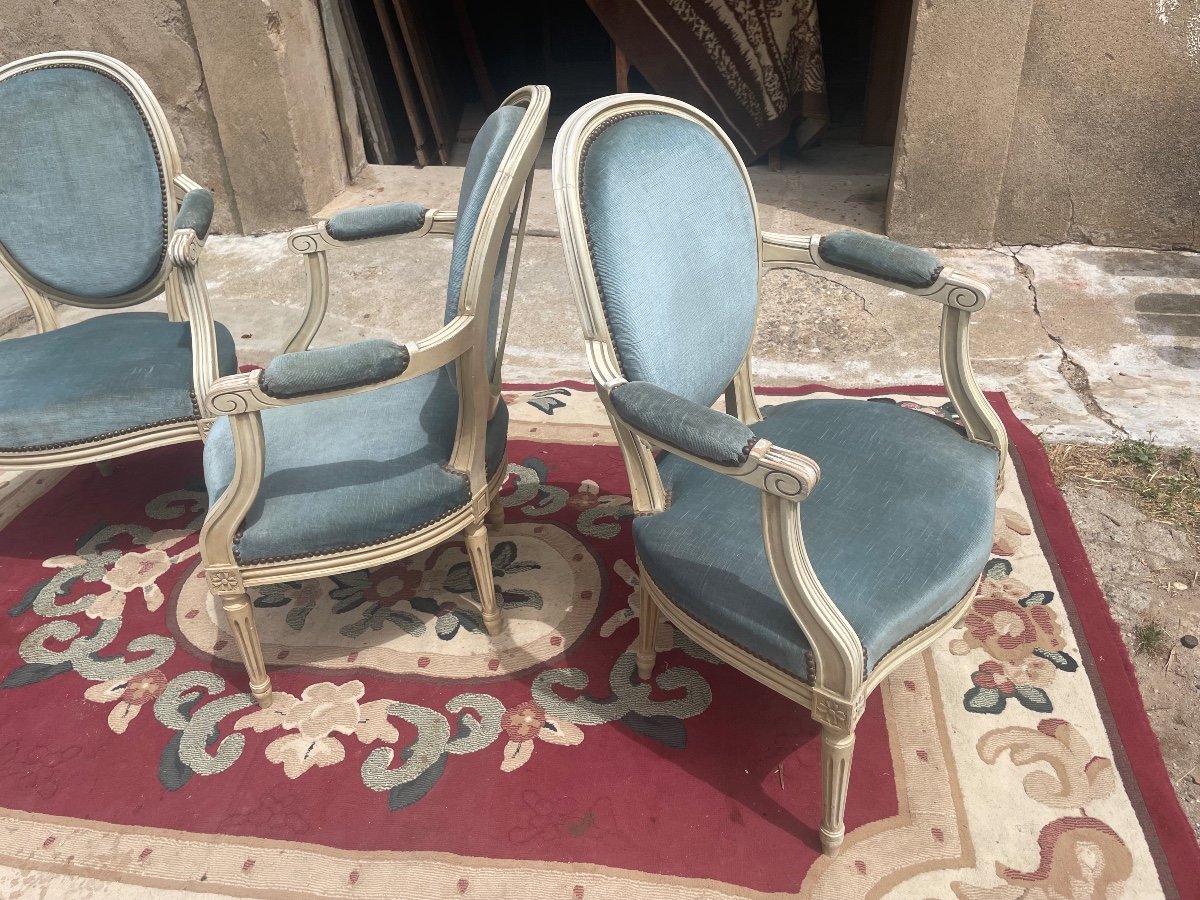 Suite Of Three Style Armchairs, Louis XVI Period, 1900-photo-2