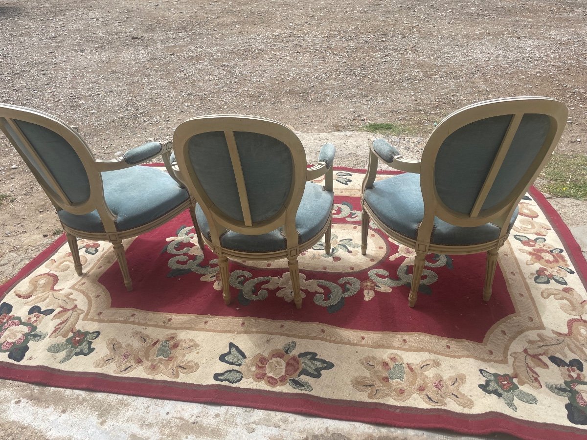 Suite Of Three Style Armchairs, Louis XVI Period, 1900-photo-7