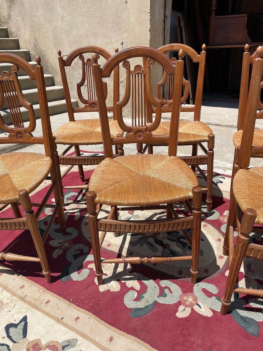 Suite Of Six Chairs, Provençal Louis XVI Lyre In Blond Walnut From The 19th Century -photo-5