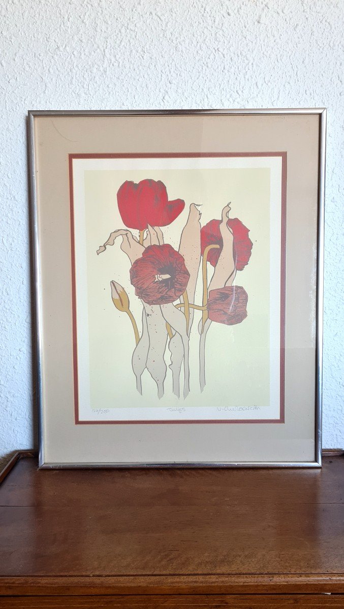 Contemporary Engraving Entitled "tulips" By V. Ch-photo-2