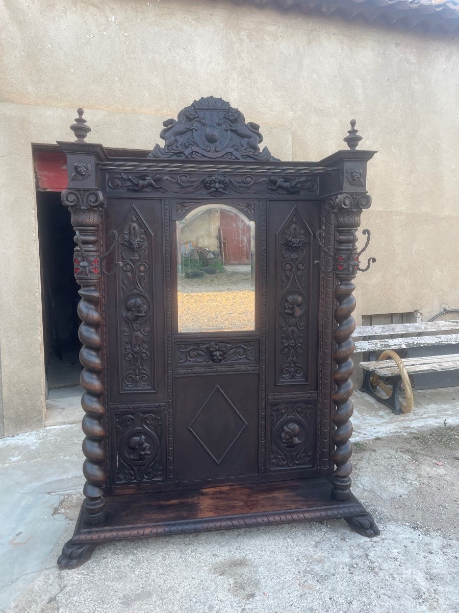 Porte Manteau De Château Vestiaire En Noyer Néogothique D’époque XIXem Siècle -photo-2