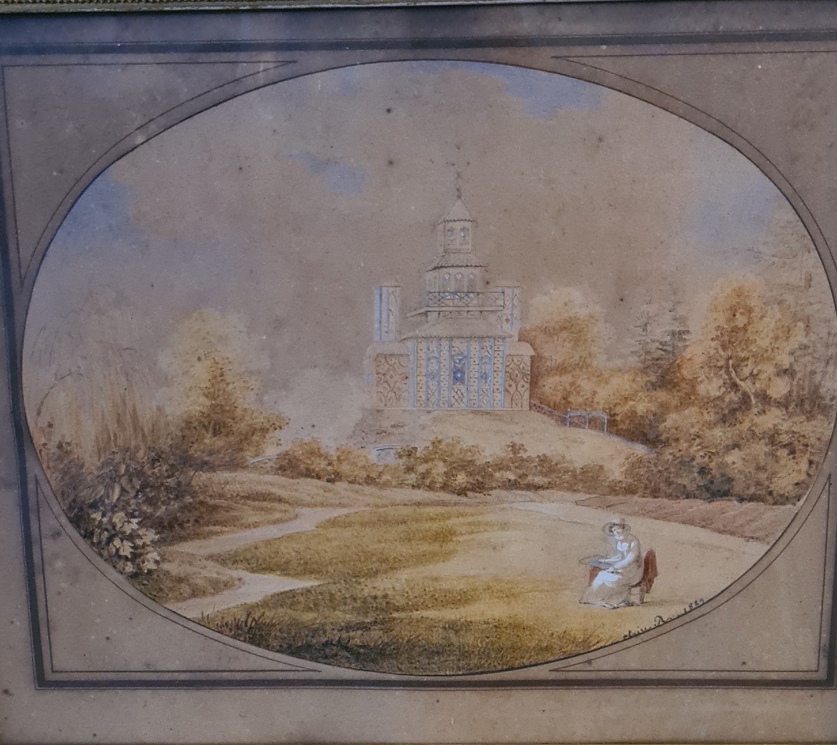 Watercolor Signed Clairon 1829, 19th Century-photo-2