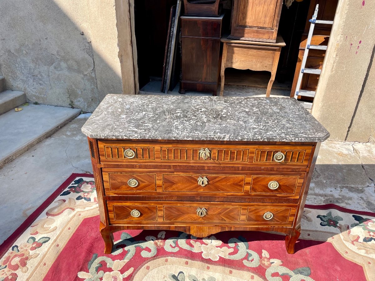 Chest Of Drawers, Three Drawers, Louis XVI Transition In Marquetry From The 18th Century. -photo-2