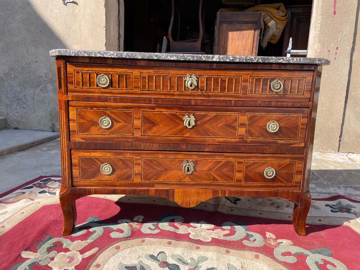 Chest Of Drawers, Three Drawers, Louis XVI Transition In Marquetry From The 18th Century. -photo-3