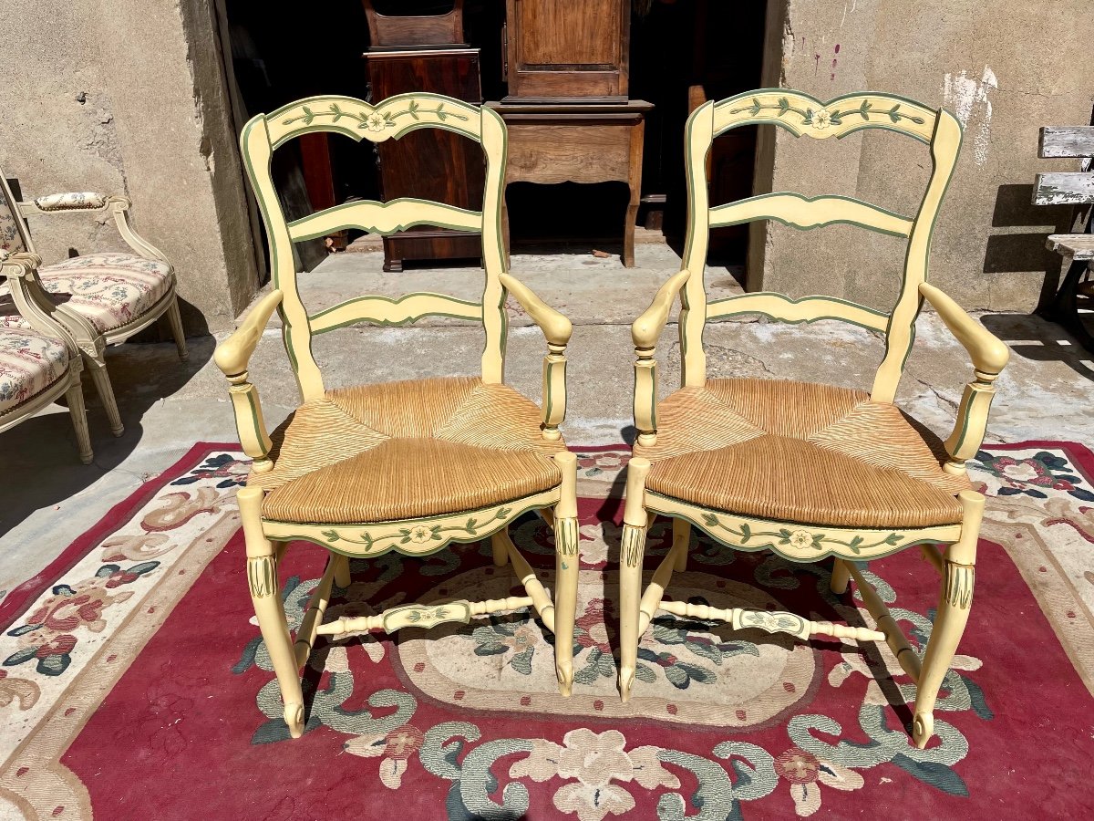 Pair Of Louis XV Armchairs, Provençal, Yellow Lacquered, 1950.