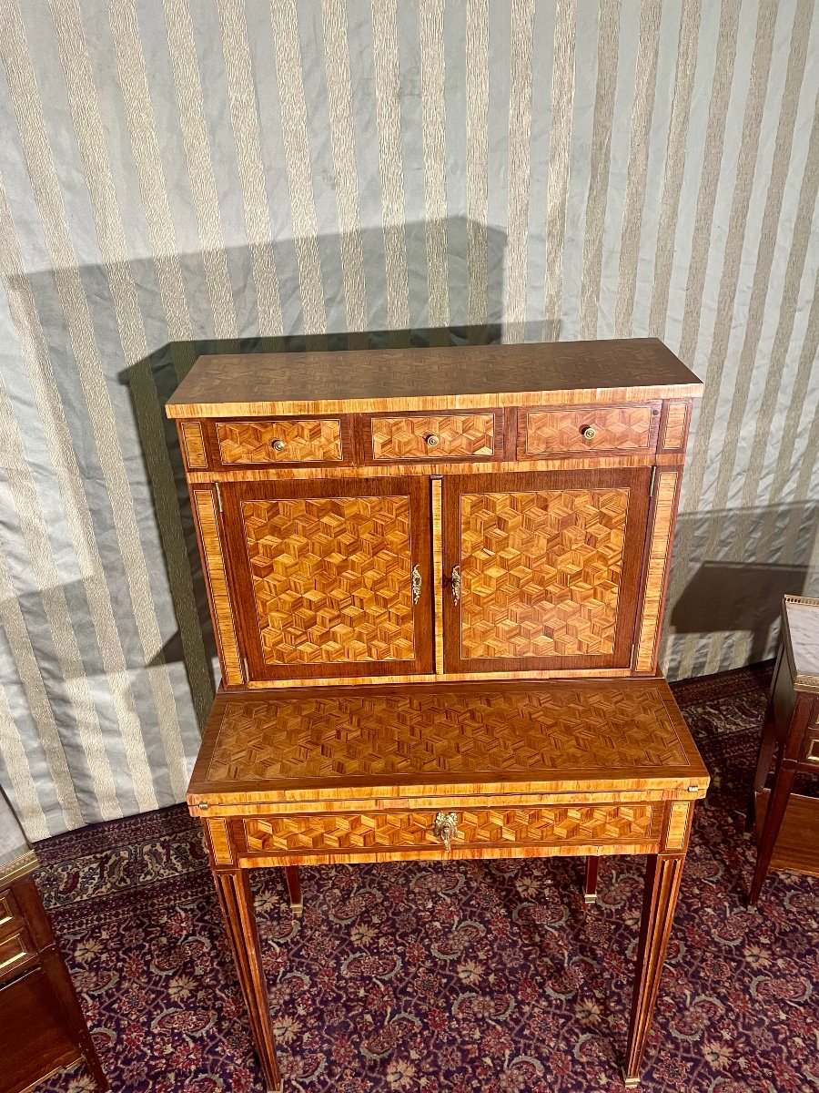 Small Louis XVI Lady's Desk Secretary, Marquetry, Wood, Pink, 19th Century -photo-2