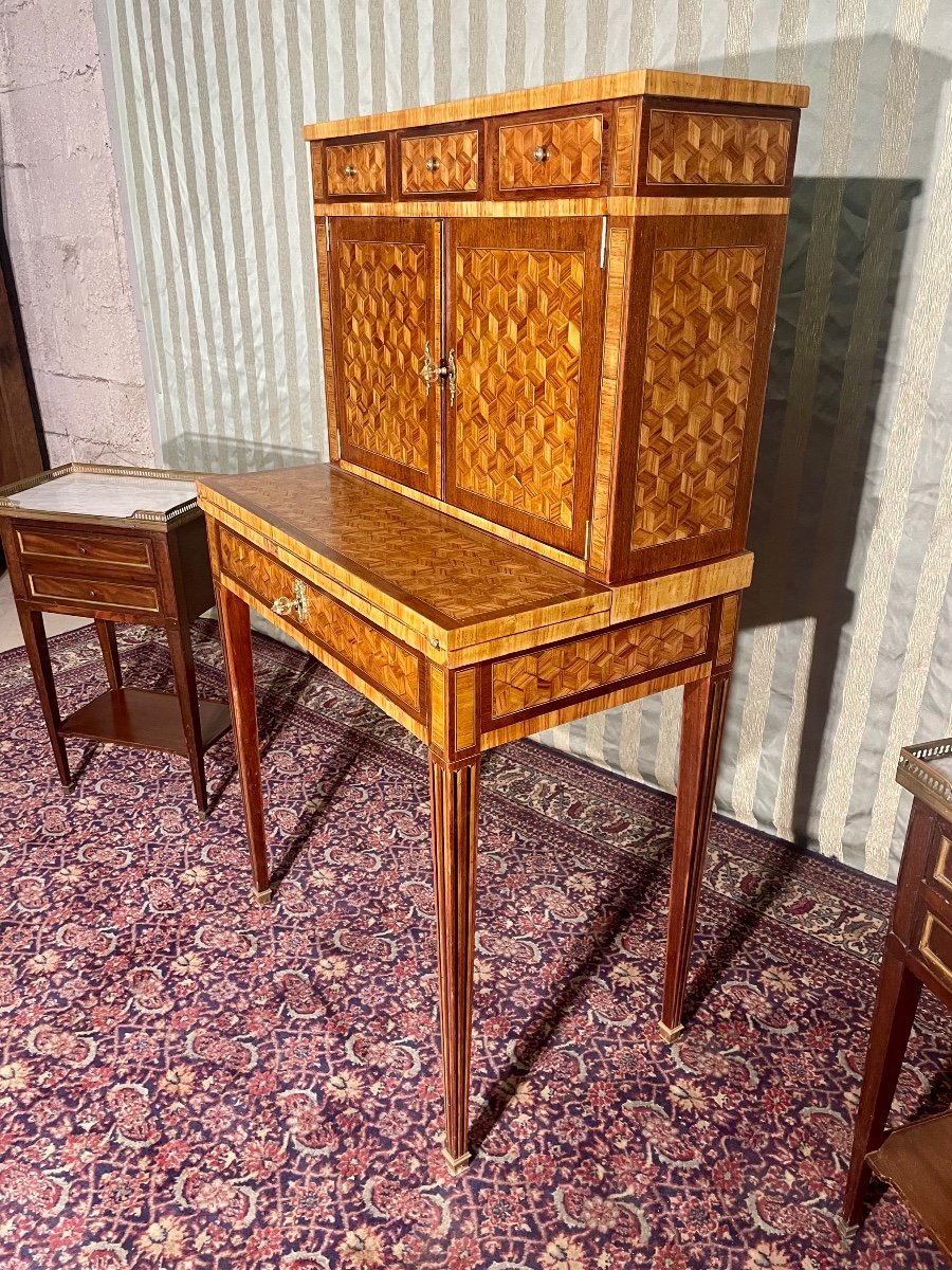 Small Louis XVI Lady's Desk Secretary, Marquetry, Wood, Pink, 19th Century -photo-4