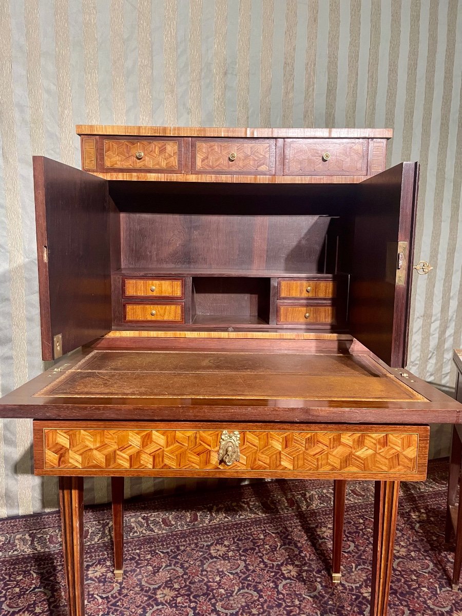 Small Louis XVI Lady's Desk Secretary, Marquetry, Wood, Pink, 19th Century -photo-2