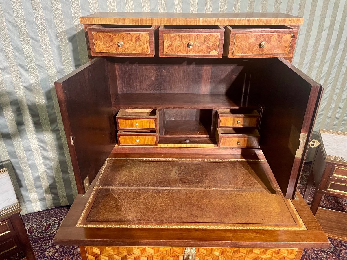 Small Louis XVI Lady's Desk Secretary, Marquetry, Wood, Pink, 19th Century -photo-3