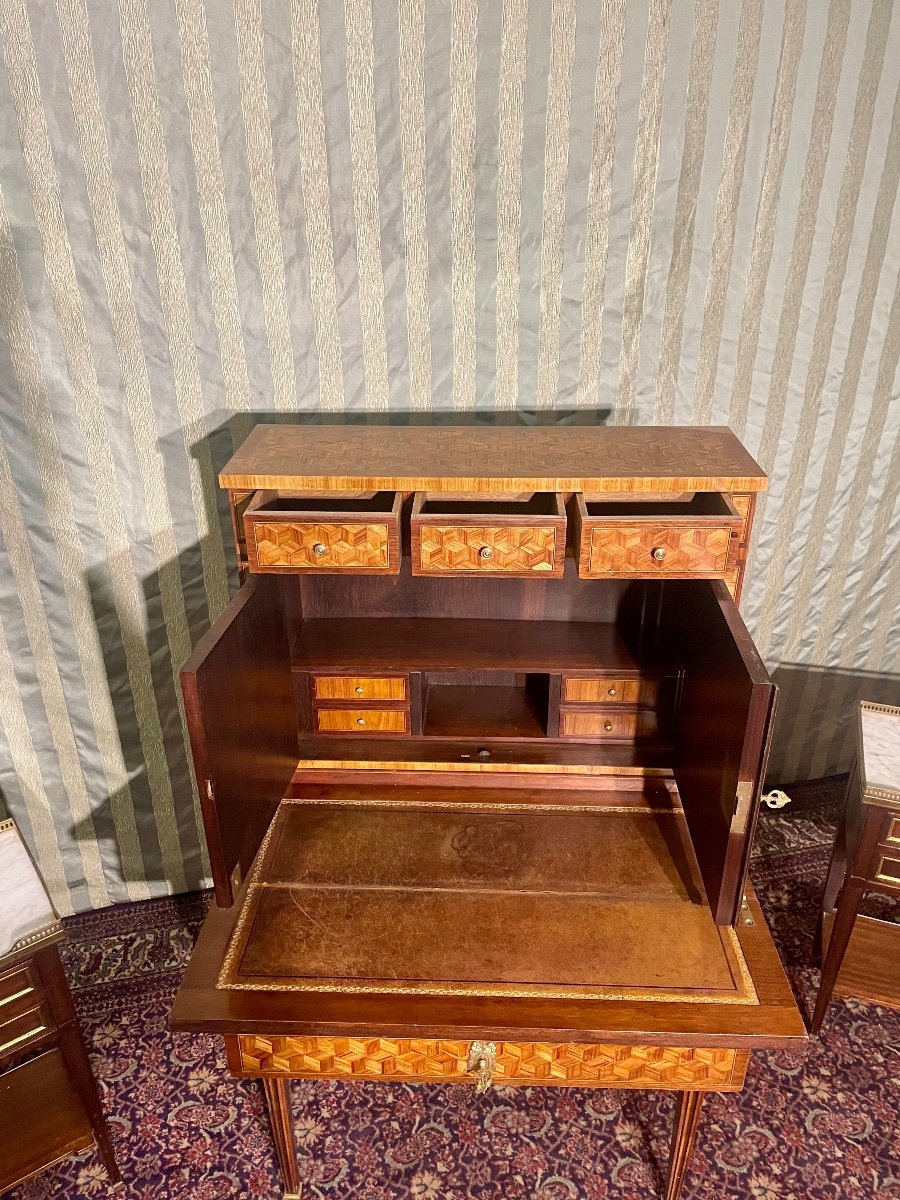 Small Louis XVI Lady's Desk Secretary, Marquetry, Wood, Pink, 19th Century -photo-4