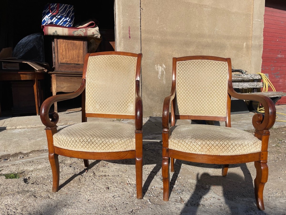 Pair Of Armchairs, Restoration In Cherry Wood, 19th Century -photo-8