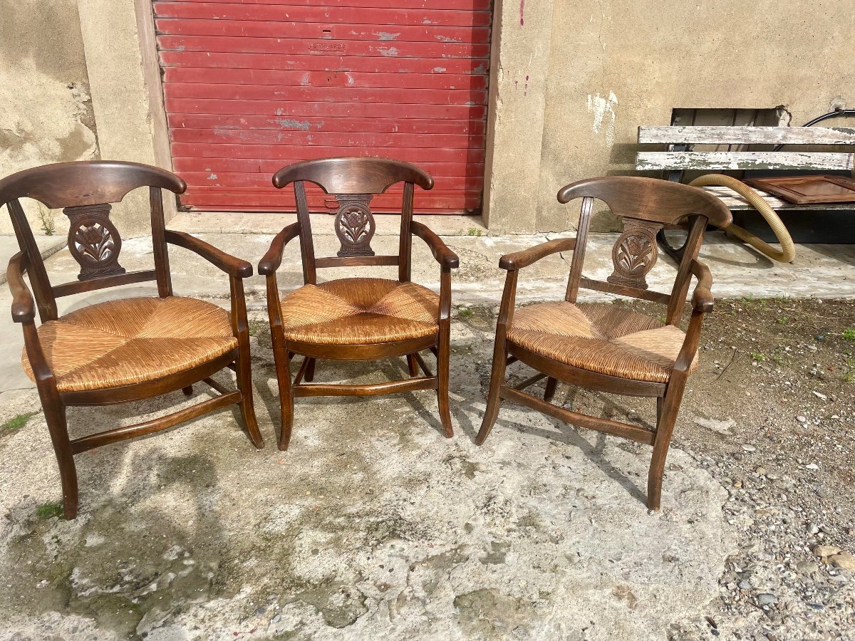 Set Of Three Provencal Walnut Armchairs From The 19th Century. -photo-2