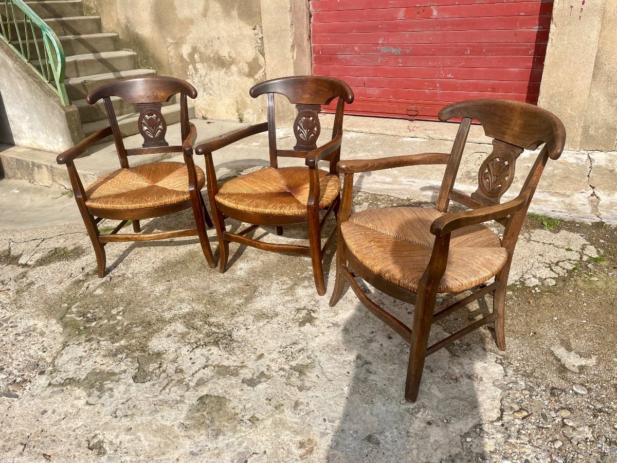 Set Of Three Provencal Walnut Armchairs From The 19th Century. 