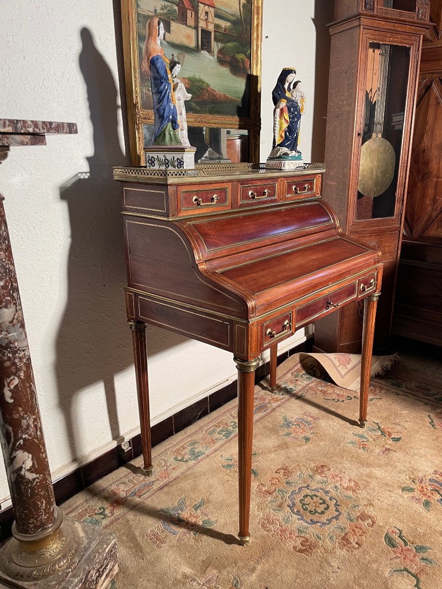 Louis XVI Cylinder Desk, In Mahogany, 19th Century.-photo-3