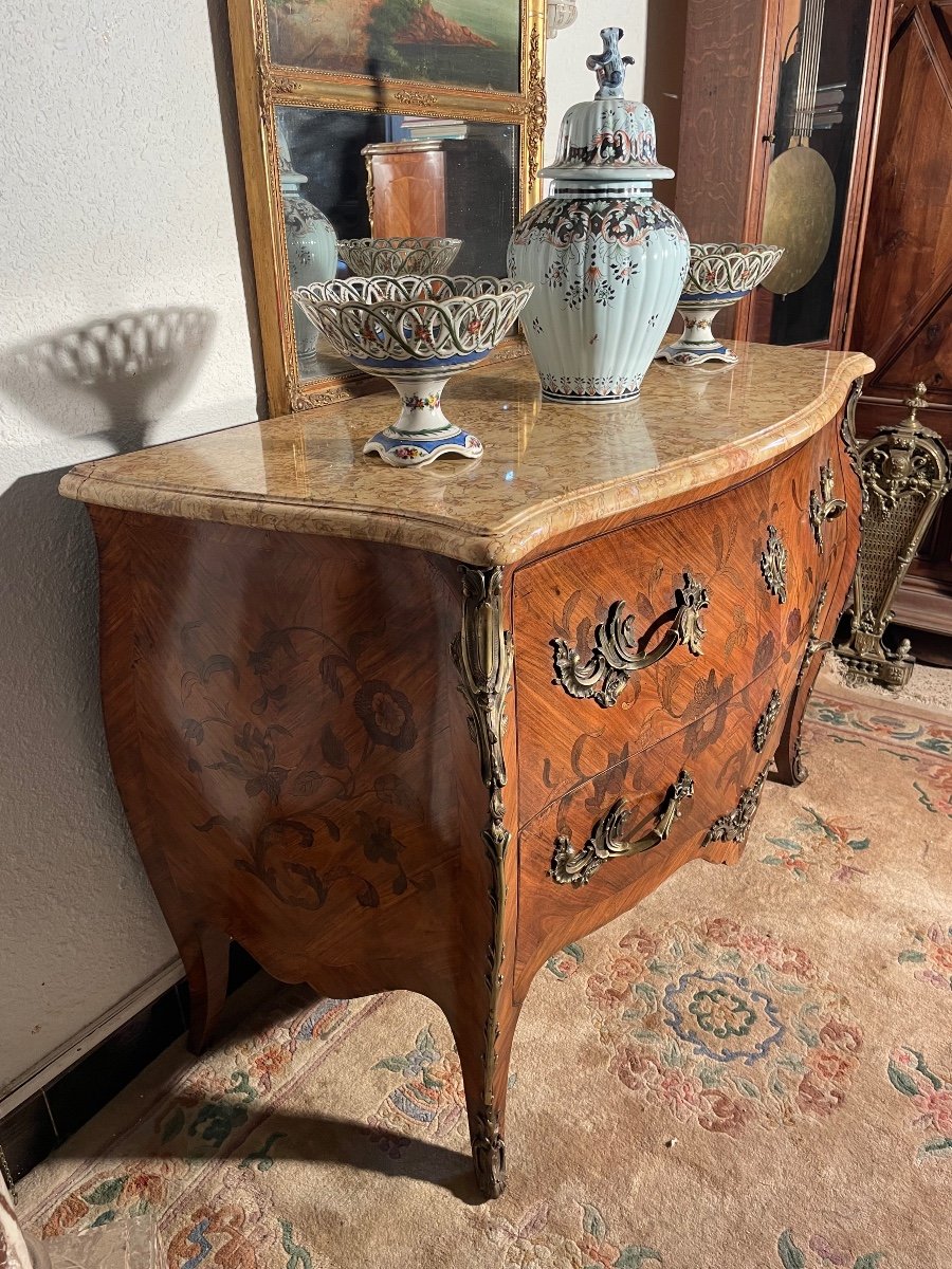 Louis XV Curved Chest Of Drawers With Two Marquetry Drawers, 1900s.-photo-3